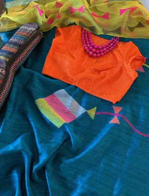 Deep Copper Sulphate Blue Matka Silk Saree with Blouse