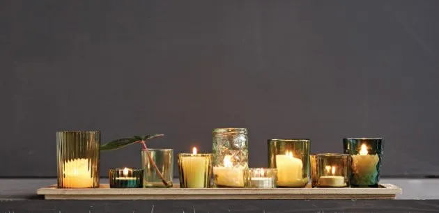 Long Wooden Tray with Glass Votive Holders