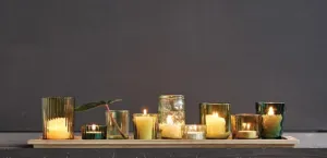 Long Wooden Tray with Glass Votive Holders