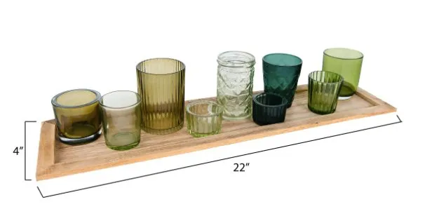 Long Wooden Tray with Glass Votive Holders