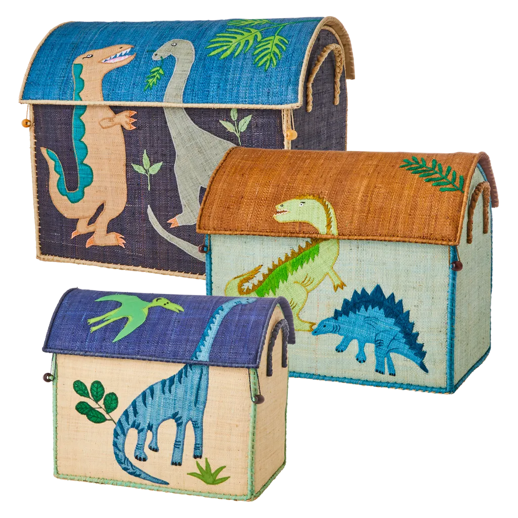 Raffia Storage Baskets with Dinosaur Theme - Set of 3 - To be delivered in May