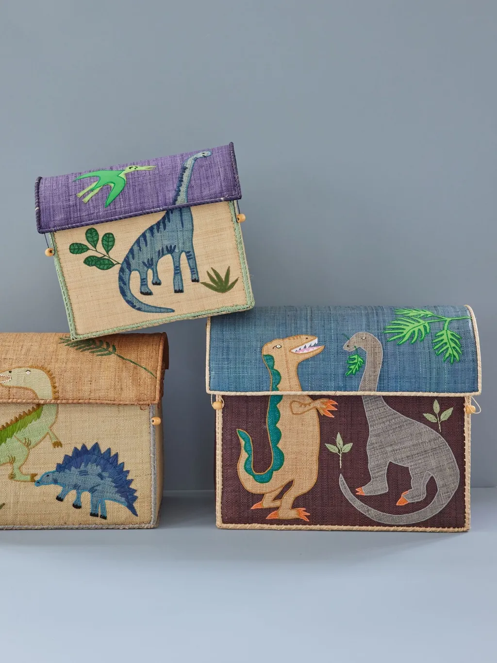 Raffia Storage Baskets with Dinosaur Theme - Set of 3 - To be delivered in May