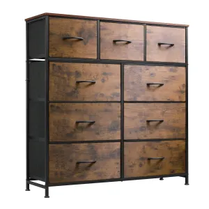 WLIVE 9-Drawer Dresser, Fabric Storage Tower for Bedroom, Hallway, Entryway, Closet, Tall Chest Organizer Unit with Fabric Bins, Steel Frame, Wood Top, Easy Pull Handle, Rustic Brown Wood Grain Print
